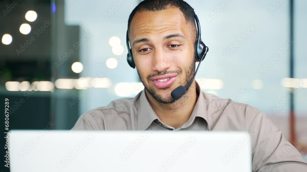 Customer service and telemarketing male agent in office doing computer consultation with headset. Positive latin handsome black man call center consultant operator working on crm online in workplace 