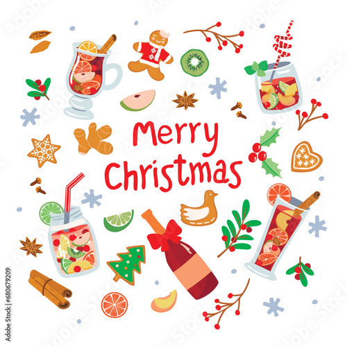 Christmas menu template with hot seasonal drinks and gingerbread.Winter mulled wine,punch ,sangria and dessert.Fruits, berries , spices and hand lettering.Vector food hand drawn illustration on white.