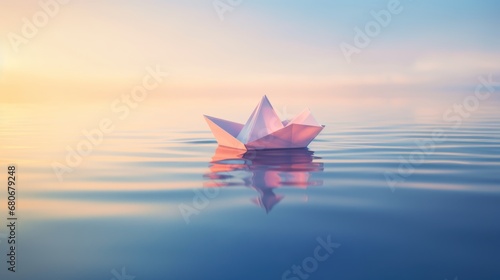  a white origami boat floating on top of a body of water with the sun shining on the water and a person standing on the other side of the boat.