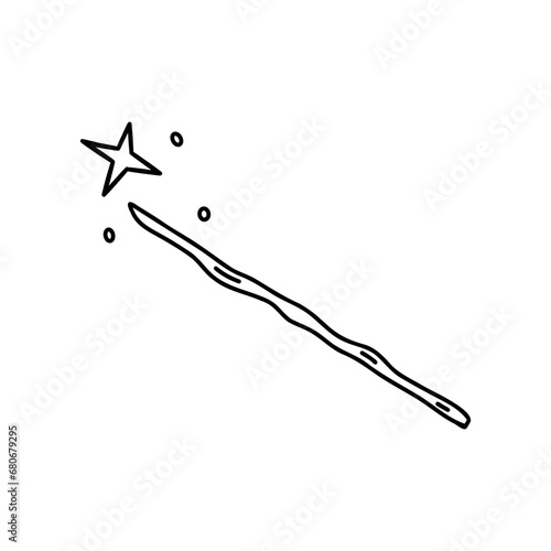Magic wand. Tool of wizards, fairies and sorcerers. Black and white vector isolated illustration hand drawn doodle icon clip art