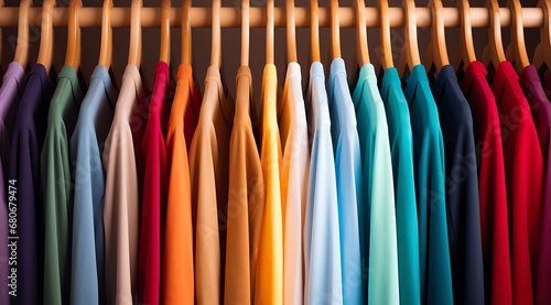 Camisetas de muchos colores colgadas en perchas