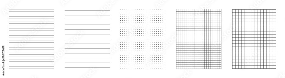 Lines paper page isolated, dots and cells notebook pattern, technical blank, grid banner set, square graph project texture, mockup template copybook, school checkered sheet backdrop - stock vector - obrazy, fototapety, plakaty 