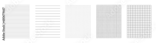 Lines paper page isolated, dots and cells notebook pattern, technical blank, grid banner set, square graph project texture, mockup template copybook, school checkered sheet backdrop - stock vector photo