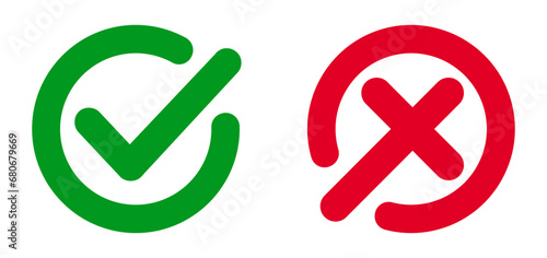 Set green approval check mark and red cross icons in circle, checklist signs, flat checkmark approval badge, isolated tick symbol photo