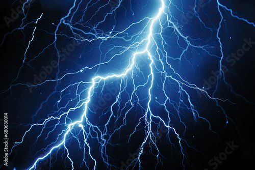Blazing Lightning Bolt Illuminates Shadowy Firmament Amidst Blue Thunderstorm Backdrop. photo