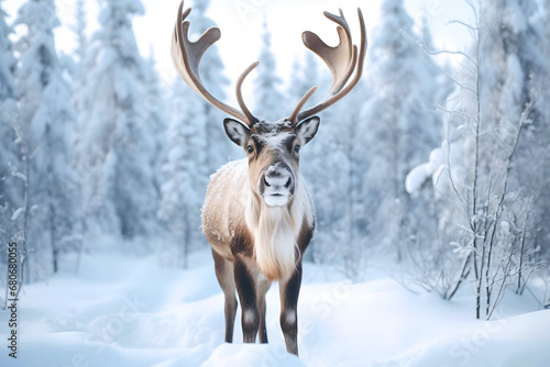 Reindeer with massive antlers wandering in snow