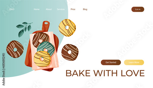Landing page with homemade baked donuts with toppings in cutting board, pastry products. Pastries from the dough. Baking, bakery shop, cooking, sweet, dessert. Vector for banner, website, banner.