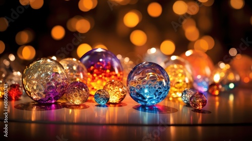  a group of colorful glass balls sitting on top of a table next to a string of lights in a room filled with many different colors of lights and shapes and sizes.