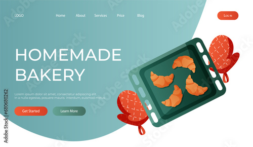 Landing page with homemade baked french croissant on baking sheet, oven-tray, glove, pastry products. Pastries from the dough. Bakery shop, cooking, sweet, dessert. Vector for banner, website, banner.