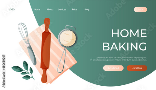 Landing page with kitchen whisk, rolling pin, sieve for homemade cooking on tablecloth. Baking tools, utensils, supplies. Bakery shop, sweet products, dessert. Vector for banner, website, banner.
