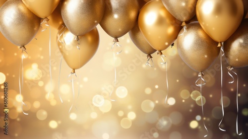  a bunch of gold balloons floating in the air with a boke of lights in the back ground and a blurry background of gold lights in the back ground.