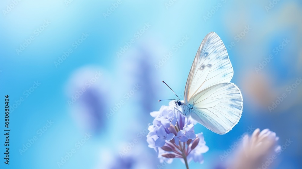 Naklejka premium a close up of a butterfly on a flower with a blue sky in the background and a blurry image of a plant with purple flowers in the foreground.