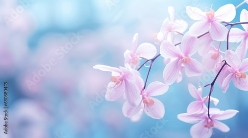  a close up of a pink flower on a branch with a blurry background of blue and pink flowers in the foreground and a light blue sky in the background.