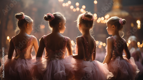 Foto Poster A group of adorable little ballerinas, in pink costumes, face to scene in