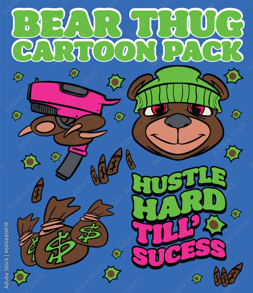 bear cartoon street thug pack for streetwear or sticker print