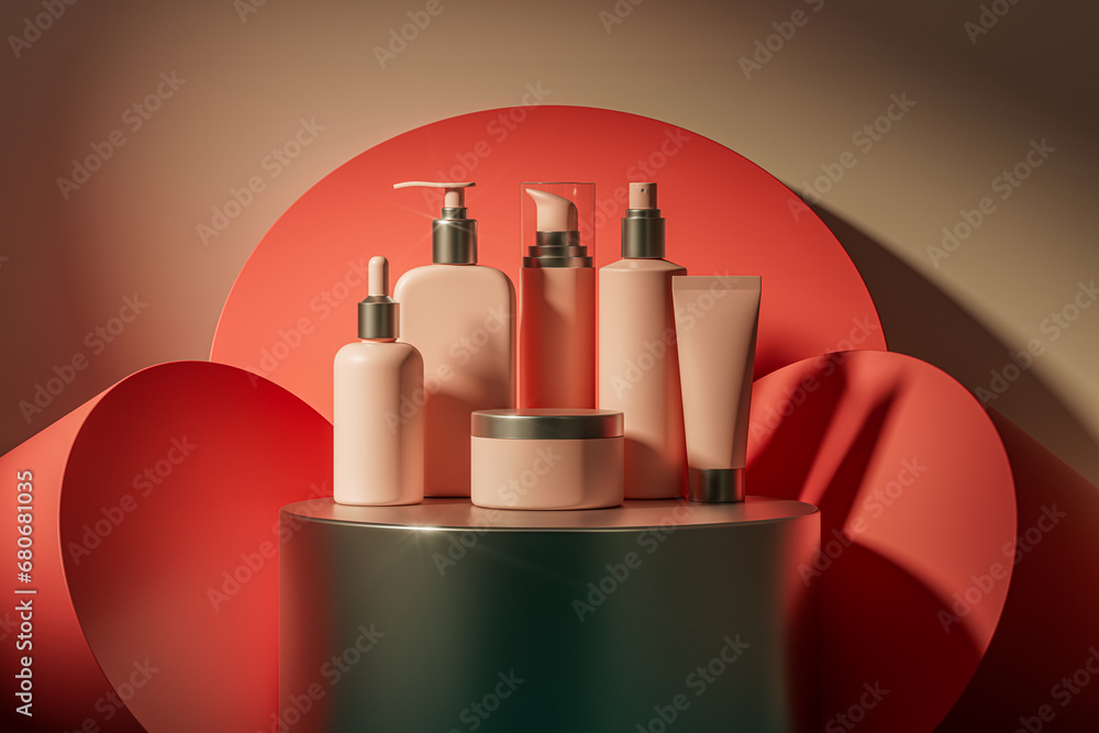 3d illustration of set of diverse cosmetic containers in pink color standing on metal pedestal indoor studio. Cosmetic jars, bottles, tube, sprays and other containers mockup 3d illustration of set of diverse cosmetic containers in pink color standing on metal pedestal indoor studio. Cosmetic jars, bottles, tube, sprays and other containers mockup