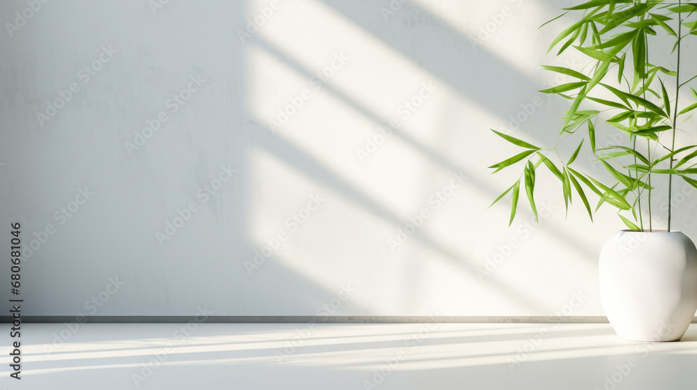 Indoor plant in a pot on a white wall background with shadows Indoor plant in a pot on a white wall background with shadows