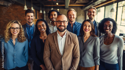Portrait of smiling diverse business people standing in office and looking at camera.