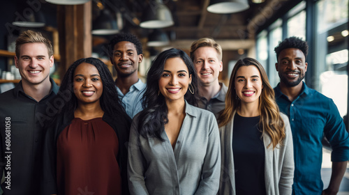 Portrait of smiling diverse business people standing in office and looking at camera.