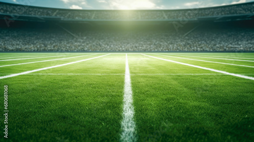 Green football field with grass at sunset.