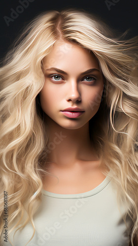 Portrait of a beautiful young blonde woman with long curly hair.
