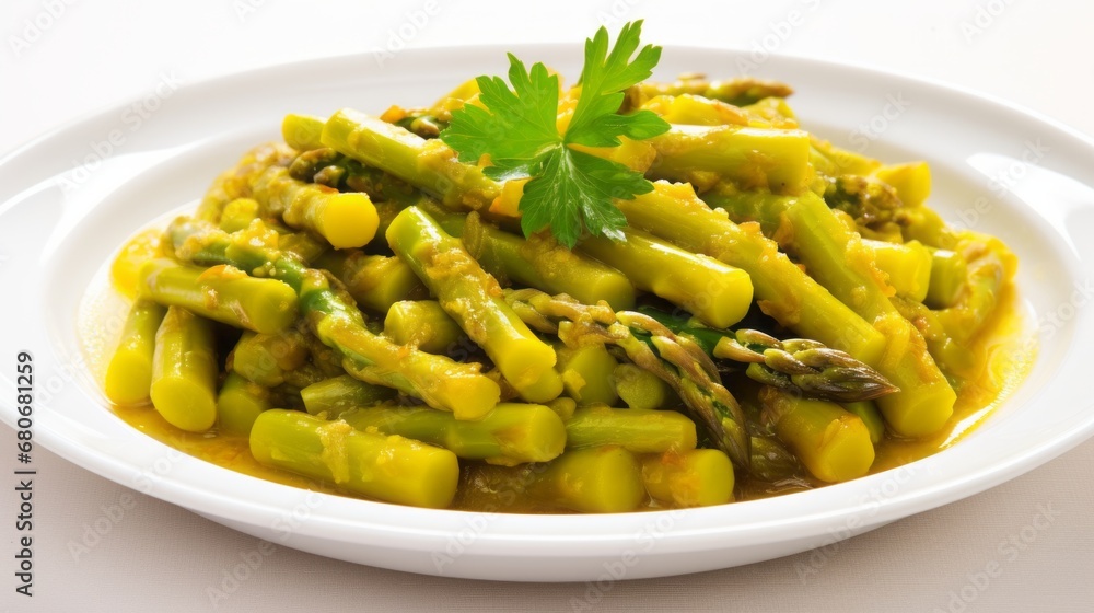 cooked asparagus in a plate on the table.