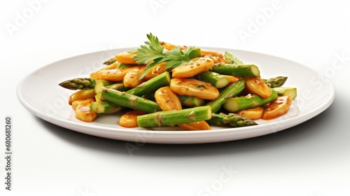 cooked asparagus in a plate on the table.