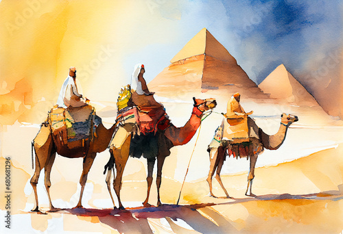 Egypt, camels. Artwork watercolor. AI generative photo