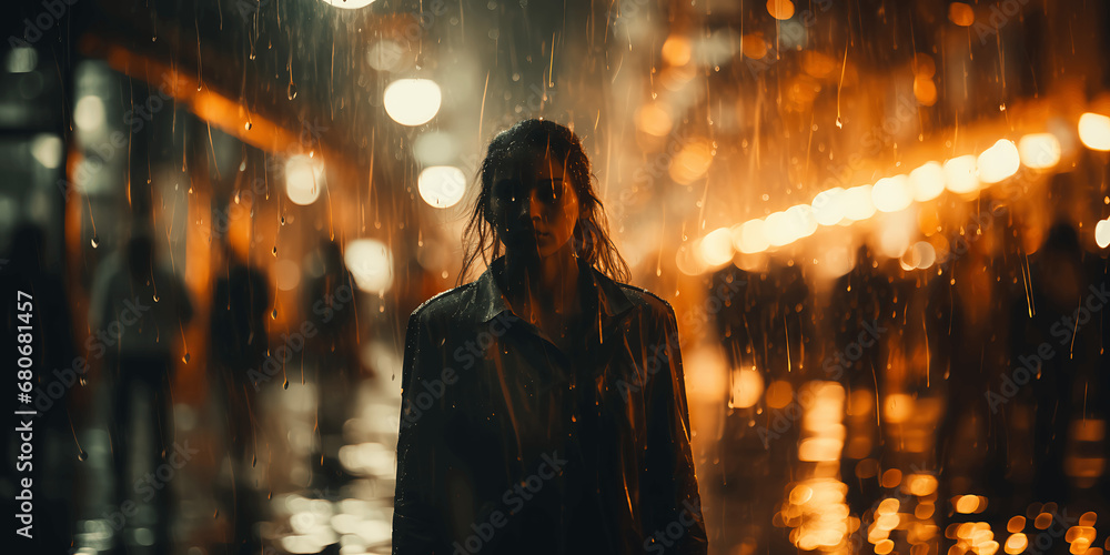 Mujer en la calle vista a través de un cristal mojado con gotas de agua