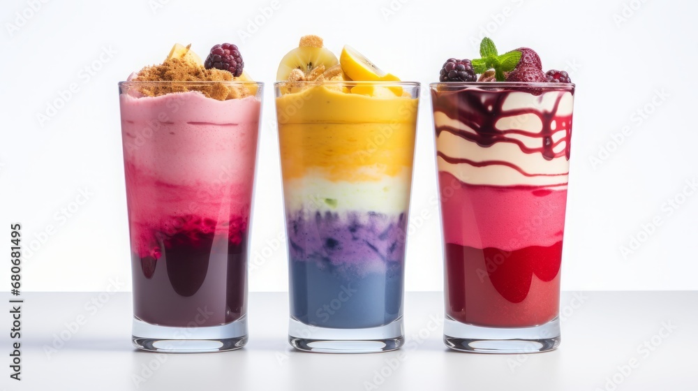 fruit smoothies in transparent glass glasses set. fruit smoothies in transparent glass glasses set.