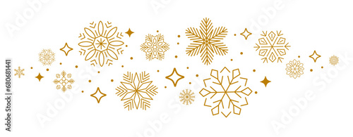 Wave snowflakes background isolated, group snowflakes with stars banner, gold Christmas border - stock vector