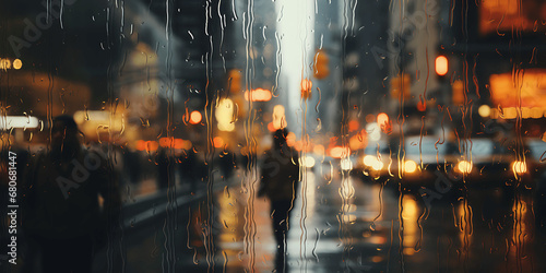 Personas en una ciudad vistas a través de un cristal mojado con gotas de agua