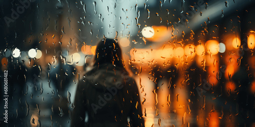 Mujer en la calle vista a través de un cristal mojado con gotas de agua