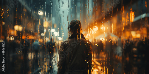 Personas en una ciudad vistas a través de un cristal mojado con gotas de agua