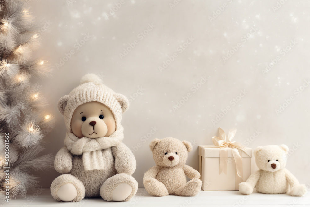 Group of teddy bears sitting next to christmas tree. Group of teddy bears sitting next to christmas tree.