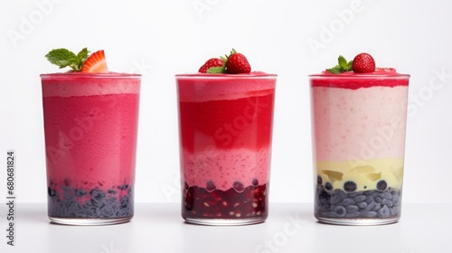 fruit smoothies in transparent glass glasses set.