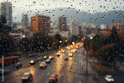 Ciudad vista a través de un cristal mojado con gotas de agua