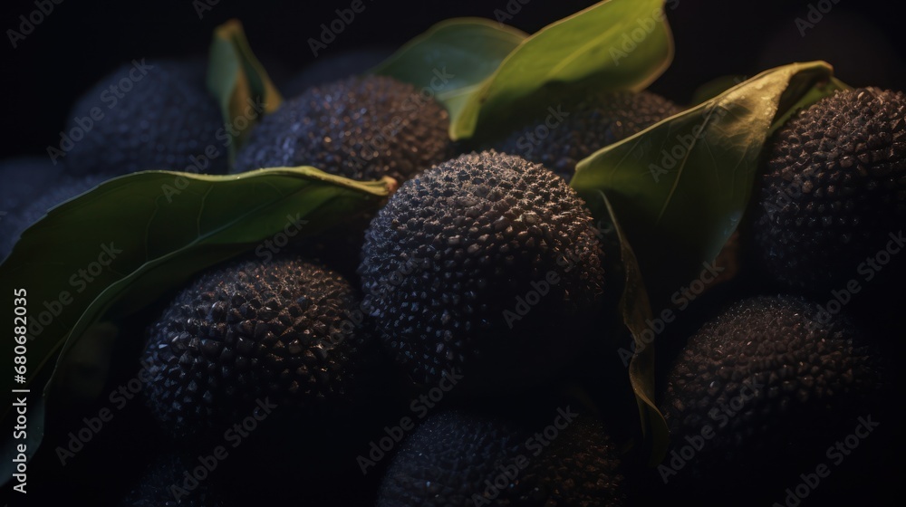 a close up of a bunch of fruit with a green leaf on the top of one of the fruits and the other part of the fruit on the other side of the fruit. a close up of a bunch of fruit with a green leaf on the top of one of the fruits and the other part of the fruit on the other side of the fruit.