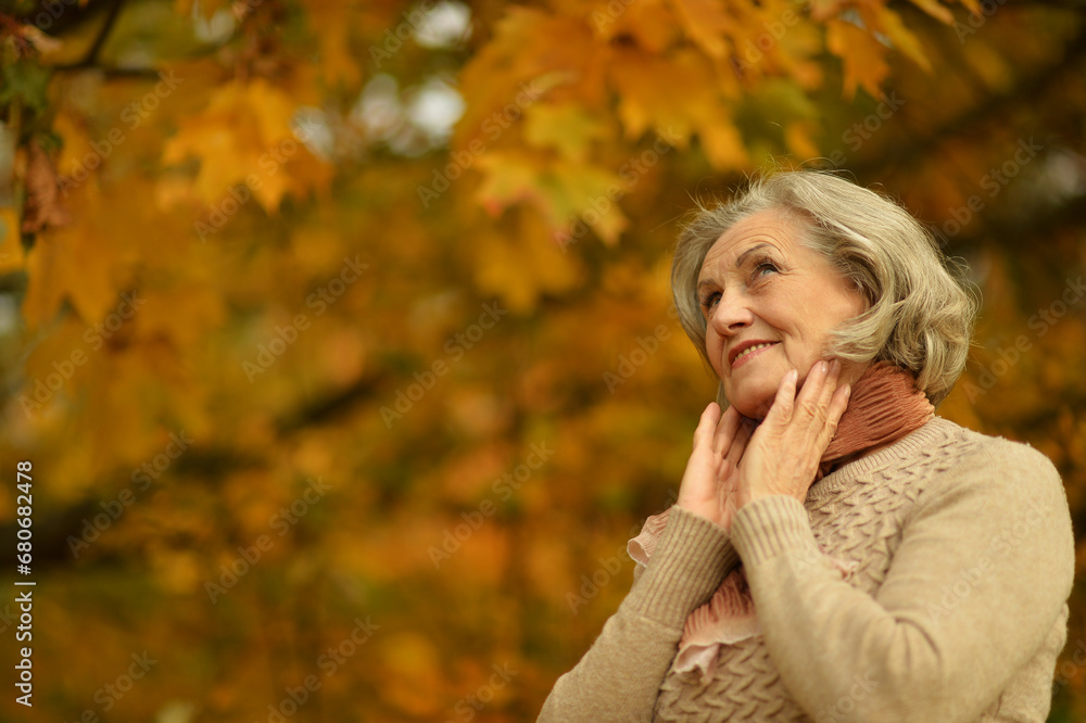 Portrait of senior woman walking in autumn park Portrait of senior woman walking in autumn park