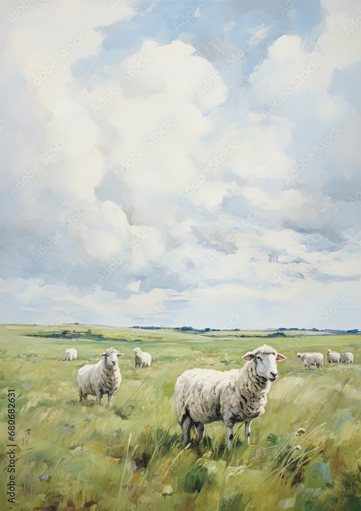Obraz premium Painting of sheeps on a grassy field, generative AI