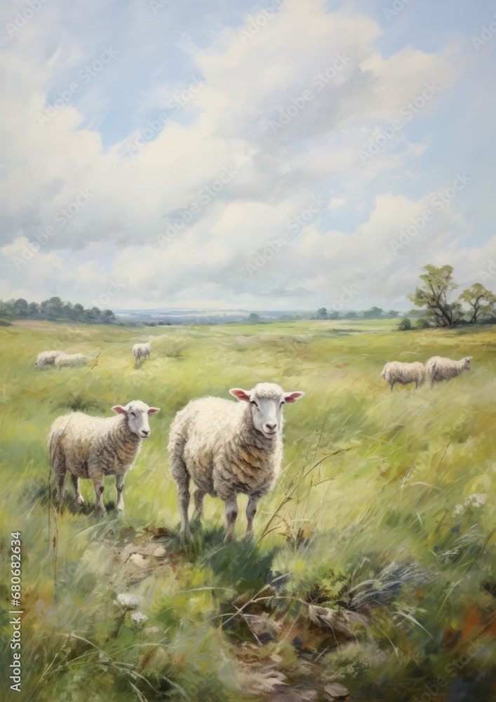 Fototapeta premium Painting of sheeps on a grassy field, generative AI