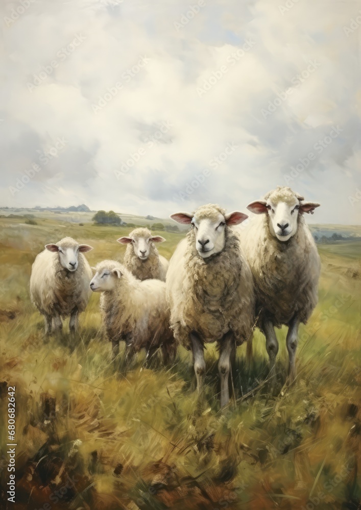 Painting of sheeps on a grassy field, generative AI Painting of sheeps on a grassy field, generative AI