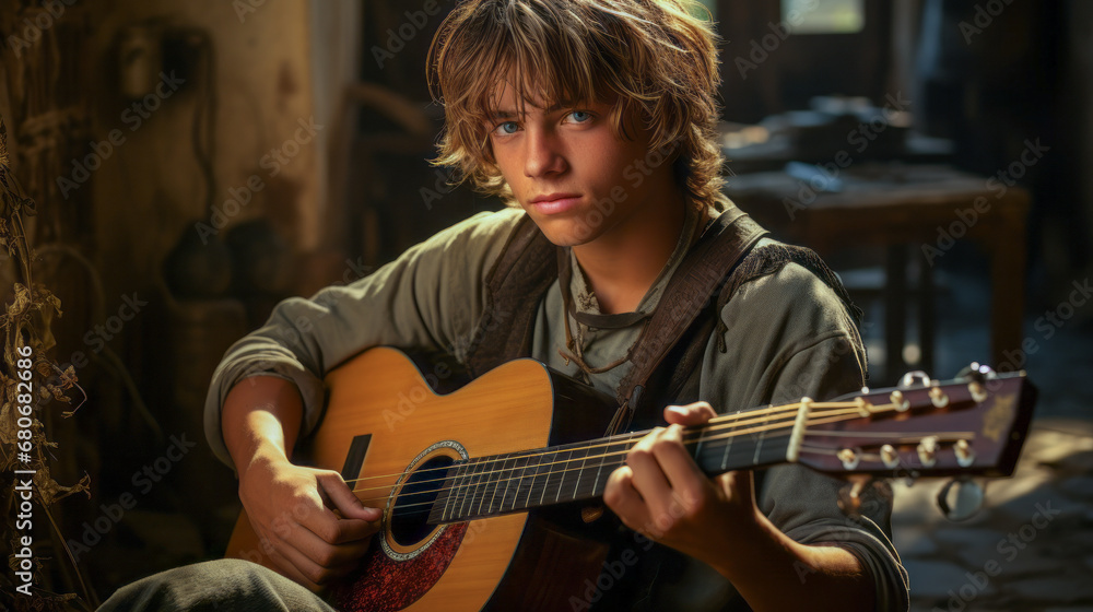Fototapeta premium Teenage boy playing guitar in rustic setting.