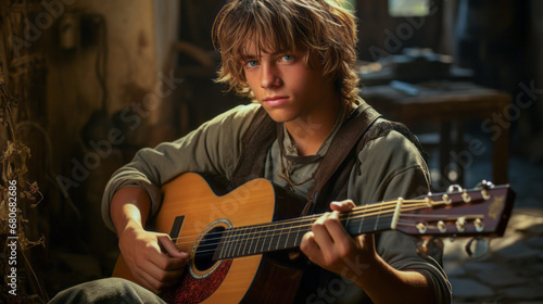 Teenage boy playing guitar in rustic setting.