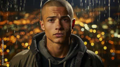 Young man with buzz cut, contemplating dazzling city skyline at night. photo