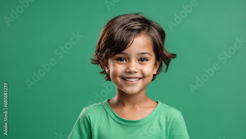 Little girl short hair smile isolated in bright green background, backdrop with copy space