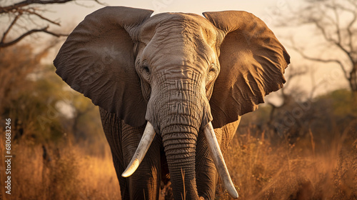African elephant, textured skin, tusks gleaming, eyes full of emotion, standing in a Savannah during golden hour, dappled light © Marco Attano