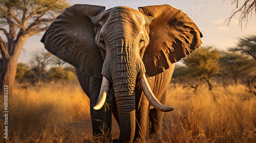 African elephant, textured skin, tusks gleaming, eyes full of emotion, standing in a Savannah during golden hour, dappled light