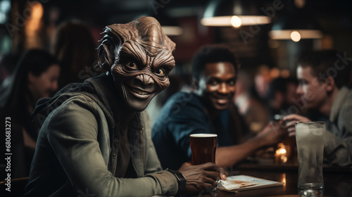 Futuristic portrait of a friendly alien sitting in a London pub with surprised citizens.