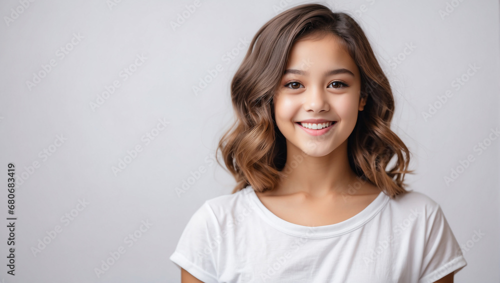 Girl smile isolated in white background, backdrop with copy space Girl smile isolated in white background, backdrop with copy space